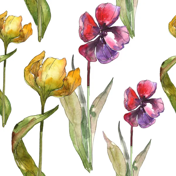 Isolierte Tulpen mit grünen Blättern nahtlos Hintergrundmuster. Textur für Stofftapeten. Aquarell-Illustrationsset. — Stockfoto