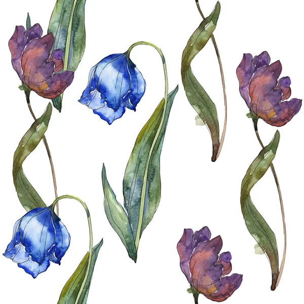 Purple and blue tulips watercolor illustration set. Seamless background pattern. Fabric wallpaper print texture. — Stock Photo