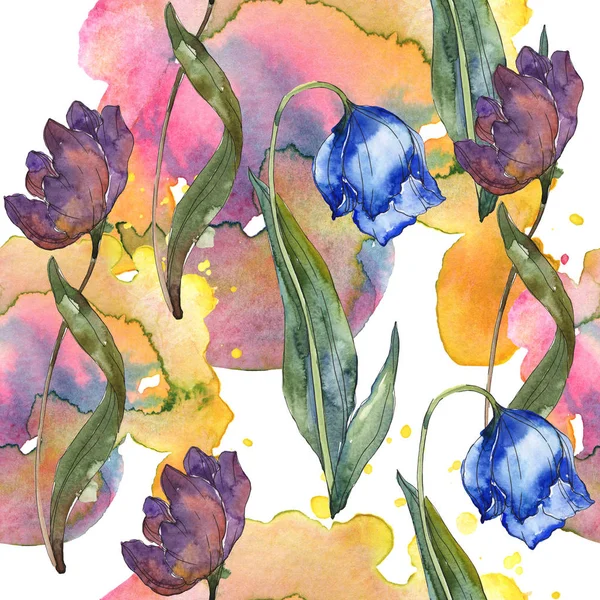 Tulipanes púrpura y azul conjunto de ilustración acuarela. Patrón de fondo sin costuras. Textura de impresión de papel pintado de tela . - foto de stock