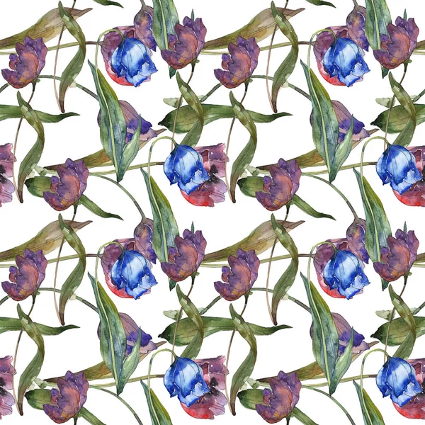 Conjunto de ilustrações em aquarela de tulipas roxas e azuis. Padrão de fundo sem costura. Tecido papel de parede impressão textura . — Fotografia de Stock