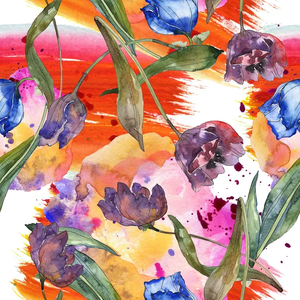 Purple and blue tulips watercolor illustration set. Seamless background pattern. Fabric wallpaper print texture. — Stock Photo