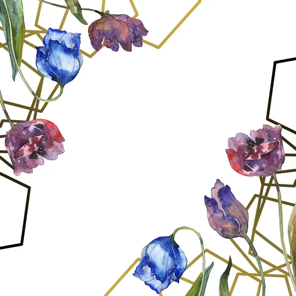 Ensemble d'illustration de fond aquarelle tulipes violet et bleu. Cadre bordure ornement avec espace de copie . — Photo de stock