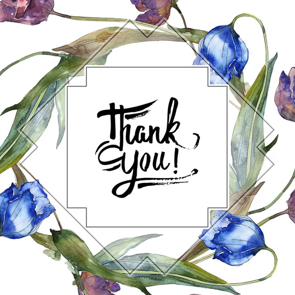 Purple and blue tulips. Watercolor background illustration set. Frame border ornament with inscription. — Stock Photo
