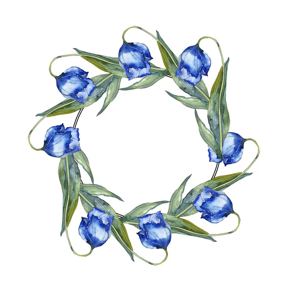 Tulipanes púrpura y azul conjunto de ilustración de fondo acuarela. Marco ornamento borde con espacio de copia . - foto de stock