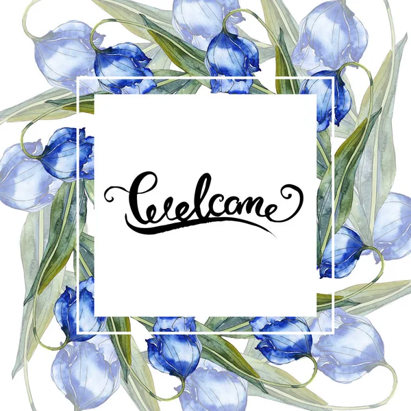 Violette und blaue Tulpen. Aquarell Hintergrundillustration Set. Rahmen Bordüre mit Inschrift. — Stockfoto