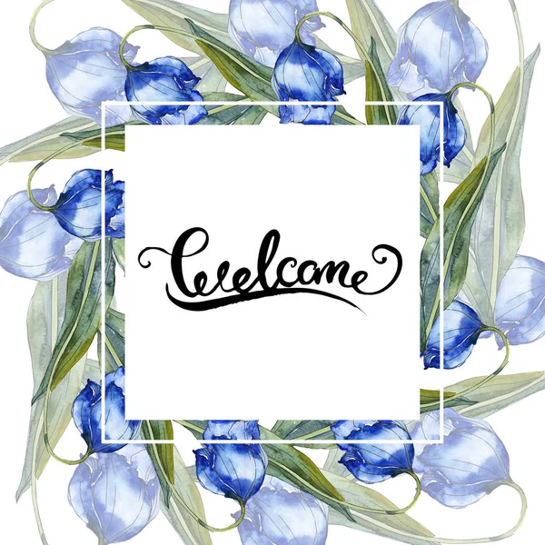 Tulipes violettes et bleues. Ensemble d'illustration de fond aquarelle. Cadre bordure ornement avec inscription . — Photo de stock