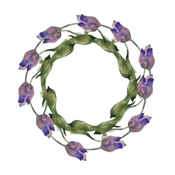 Ensemble d'illustration de fond aquarelle tulipes violet et bleu. Cadre bordure ornement avec espace de copie . — Photo de stock