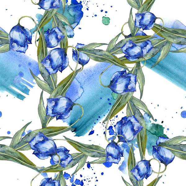 Ensemble d'illustration aquarelle tulipes violettes et bleues. Modèle de fond sans couture. Texture d'impression papier peint tissu . — Photo de stock