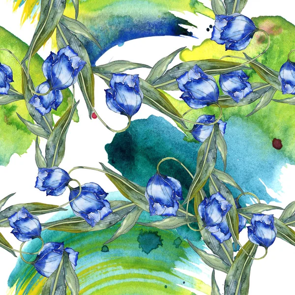 Ensemble d'illustration aquarelle tulipes violettes et bleues. Modèle de fond sans couture. Texture d'impression papier peint tissu . — Photo de stock