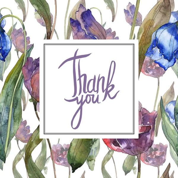 Purple and blue tulips. Watercolor background illustration set. Frame border ornament with inscription. — Stock Photo