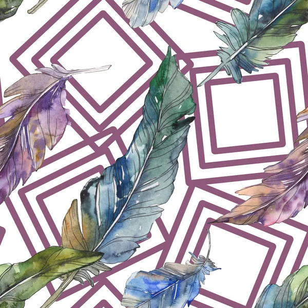 Bird feather from wing isolated. Watercolor background illustration set. Watercolour drawing fashion aquarelle isolated. Seamless background pattern. Fabric wallpaper print texture. — Stock Photo