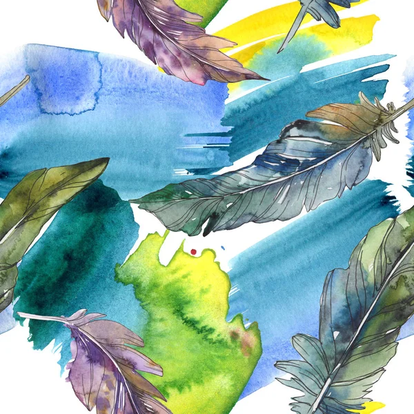 Bird feather from wing isolated. Watercolor background illustration set. Watercolour drawing fashion aquarelle isolated. Seamless background pattern. Fabric wallpaper print texture. — Stock Photo