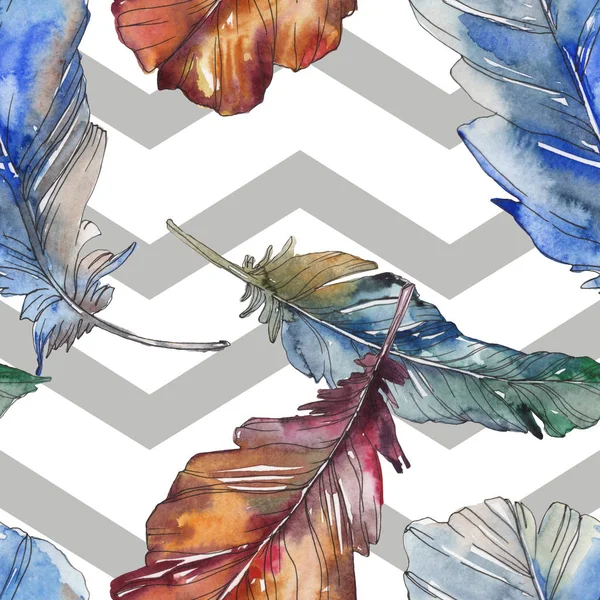 Bird feather from wing isolated. Watercolor background illustration set. Watercolour drawing fashion aquarelle isolated. Seamless background pattern. Fabric wallpaper print texture. — Stock Photo