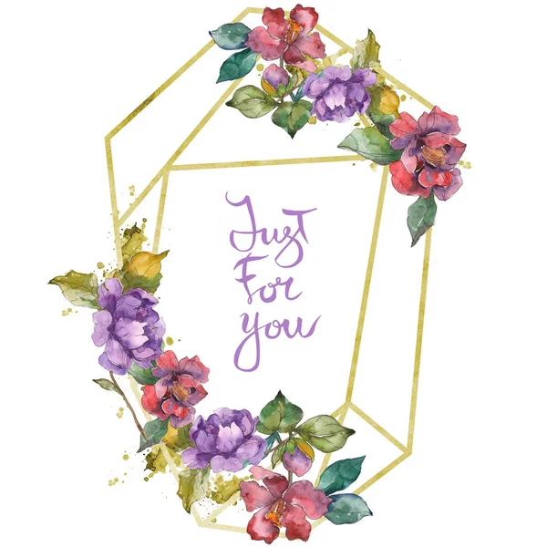 Rote und violette Kamelie. Aquarell Hintergrund Illustration-Set. Frame Border Ornament mit Inschrift. — Stockfoto