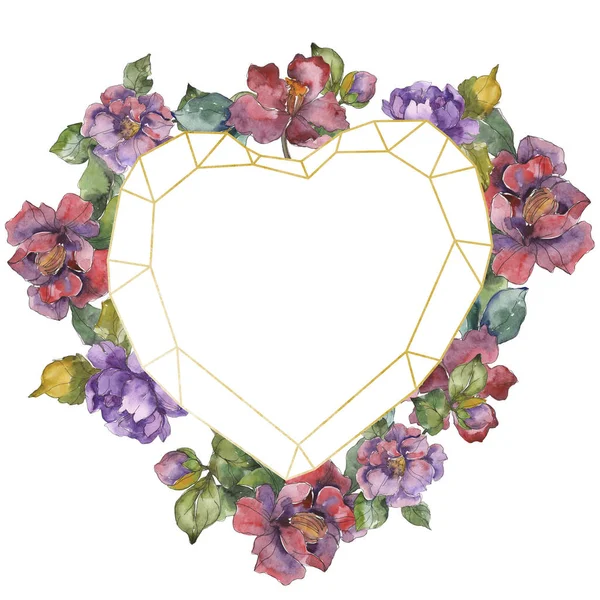 Fiori di camelia rossi e viola. Acquerello sfondo illustrazione set. Ornamento bordo cornice con spazio copia . — Foto stock