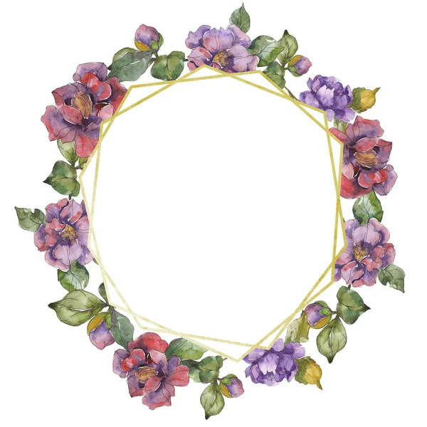 Fleurs de camélia rouge et violet. Ensemble d'illustration de fond aquarelle. Cadre bordure ornement avec espace de copie . — Photo de stock