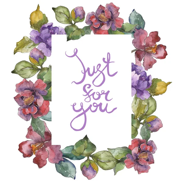 Fleurs de camélia rouge et violet. Ensemble d'illustration de fond aquarelle. Cadre bordure ornement avec inscription . — Photo de stock