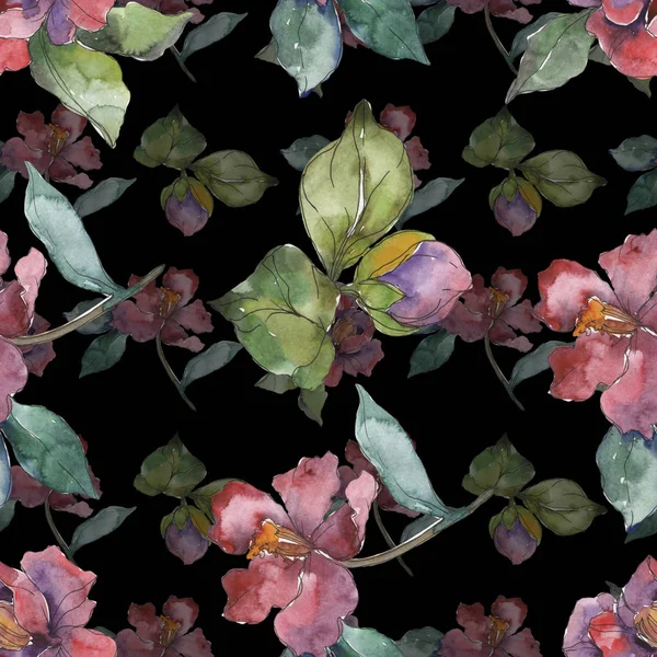 Red and purple camellia flowers. Watercolor illustration set. Seamless background pattern. Fabric wallpaper print texture. — Stock Photo