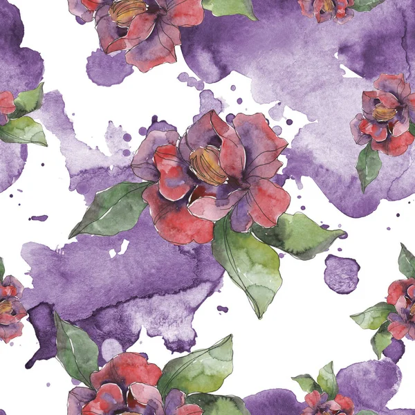 Red and purple camellia flowers. Watercolor illustration set. Seamless background pattern. Fabric wallpaper print texture. — Stock Photo