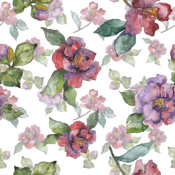 Red and purple camellia flowers. Watercolor illustration set. Seamless background pattern. Fabric wallpaper print texture. — Stock Photo