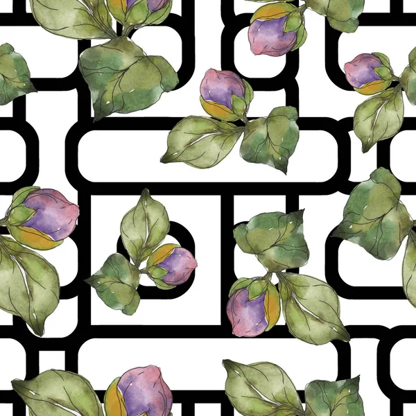 Red and purple camellia flowers. Watercolor illustration set. Seamless background pattern. Fabric wallpaper print texture. — Stock Photo
