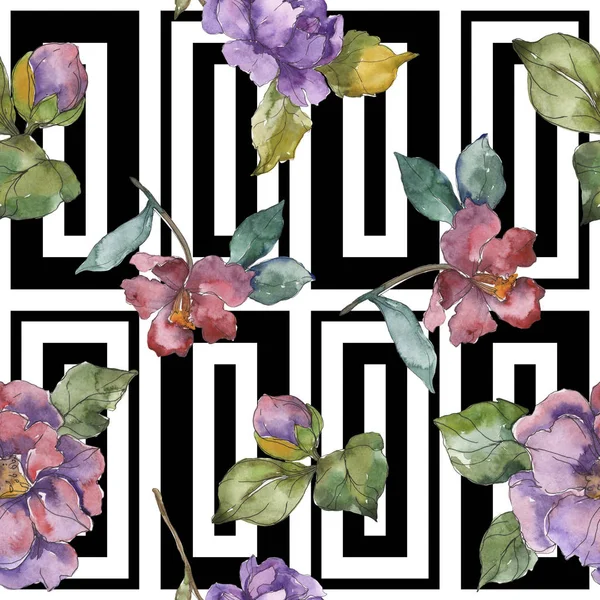 Fiori di camelia rossi e viola. Set illustrazione acquerello. Modello di sfondo senza soluzione di continuità. Tessuto carta da parati stampa texture . — Foto stock