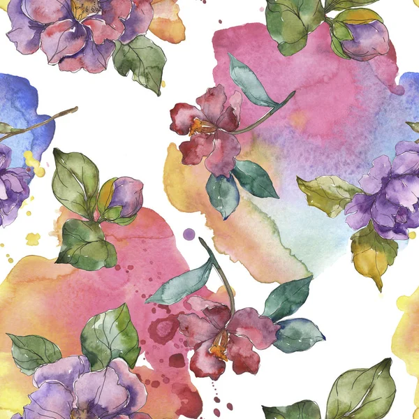 Red and purple camellia flowers. Watercolor illustration set. Seamless background pattern. Fabric wallpaper print texture. — Stock Photo