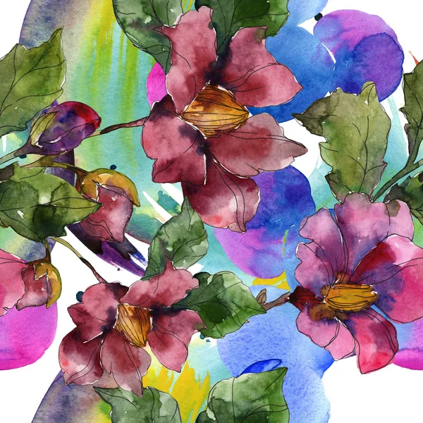 Fiori di camelia rossi e viola. Set illustrazione acquerello. Modello di sfondo senza soluzione di continuità. Tessuto carta da parati stampa texture . — Foto stock