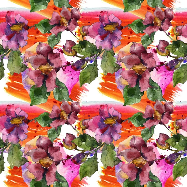 Fleurs de camélia rouge et violet. Ensemble d'illustration aquarelle. Modèle de fond sans couture. Texture d'impression papier peint tissu . — Photo de stock
