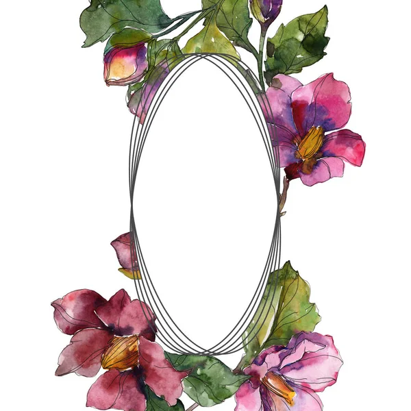 Flores de camélia vermelhas e roxas. Conjunto de ilustração de fundo aquarela. Ornamento de borda de quadro com espaço de cópia . — Fotografia de Stock