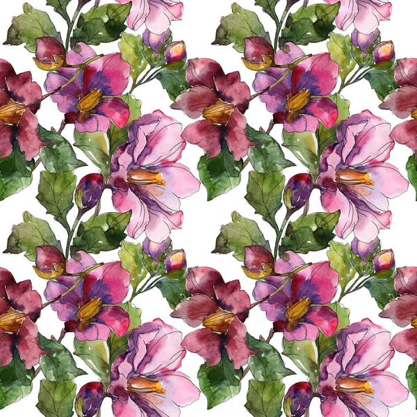 Red and purple camellia flowers. Watercolor illustration set. Seamless background pattern. Fabric wallpaper print texture. — Stock Photo