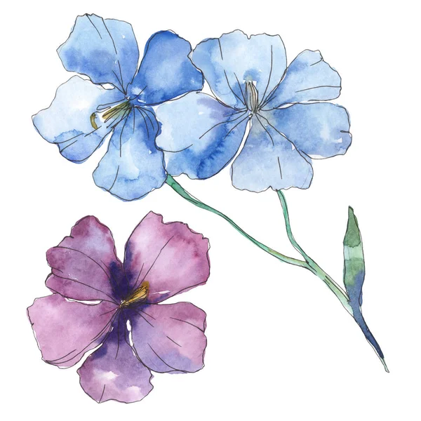 Blaulila Flachs. Blütenbotanische Blume. wildes Frühlingsblatt Wildblume isoliert. Aquarell Hintergrundillustration Set. Aquarell zeichnen Mode-Aquarell. isoliertes Flachs-Illustrationselement. — Stockfoto