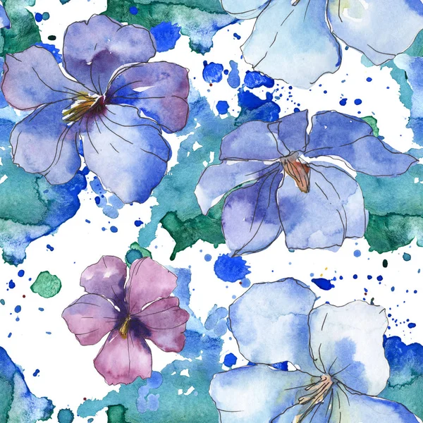 Flor botánica floral de lino azul púrpura. Hoja de primavera salvaje aislada. Juego de ilustración en acuarela. Acuarela dibujo moda aquarelle. Patrón de fondo sin costuras. Textura de impresión de papel pintado de tela . - foto de stock