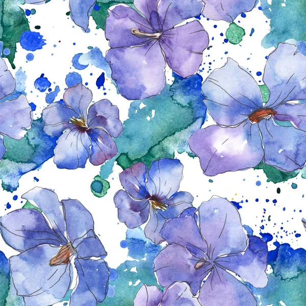 Blue purple flax floral botanical flower. Wild spring leaf isolated. Watercolor illustration set. Watercolour drawing fashion aquarelle. Seamless background pattern. Fabric wallpaper print texture. — Stock Photo