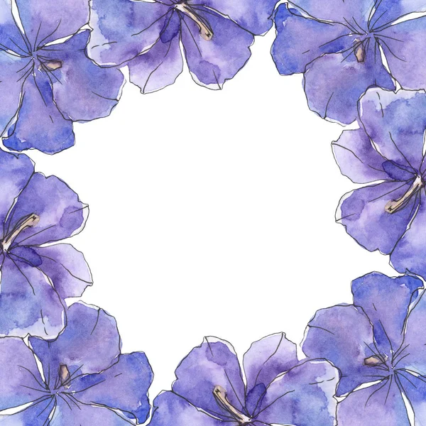 Lino azul púrpura. Flor botánica floral. Flor silvestre de hoja de primavera aislada. Conjunto de ilustración de fondo acuarela. Acuarela dibujo moda acuarela aislado. Marco borde ornamento cuadrado . - foto de stock