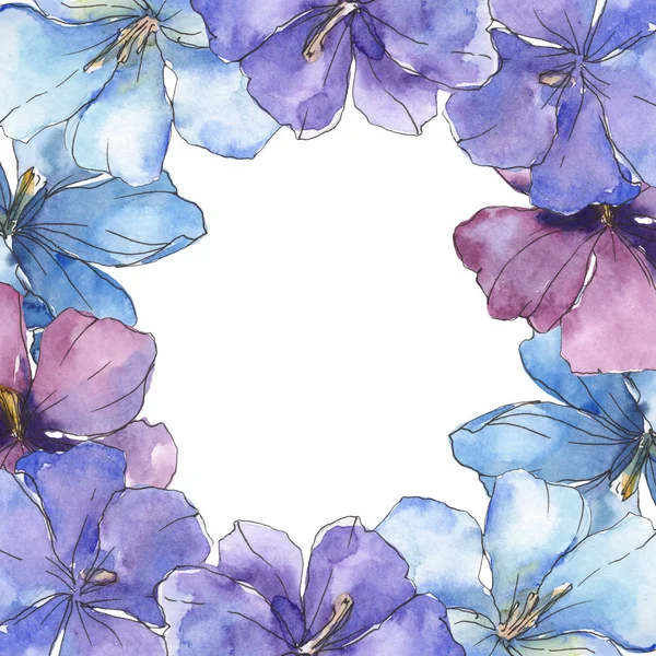 Blue purple flax. Floral botanical flower. Wild spring leaf wildflower isolated. Watercolor background illustration set. Watercolour drawing fashion aquarelle isolated. Frame border ornament square. — Stock Photo