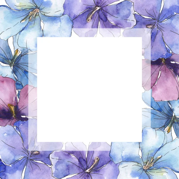 Linho púrpura azul. Floral flor botânica. Folha selvagem primavera wildflower isolado. Conjunto de ilustração de fundo aquarela. Aquarelle desenho aquarelle moda isolado. Quadro borda ornamento quadrado . — Fotografia de Stock