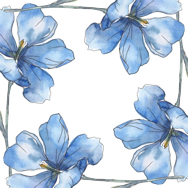 Lino viola blu. Fiore botanico floreale. Fiore selvatico primaverile isolato. Acquerello sfondo illustrazione set. Acquerello disegno moda acquerello isolato. Quadrato ornamento bordo cornice . — Foto stock