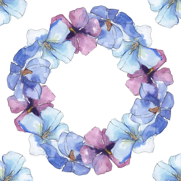 Lino viola blu. Fiore botanico floreale. Fiore selvatico primaverile isolato. Acquerello sfondo illustrazione set. Acquerello disegno moda acquerello isolato. Quadrato ornamento bordo cornice . — Foto stock