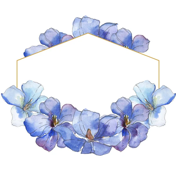 Lino azul púrpura. Flor botánica floral. Flor silvestre de hoja de primavera aislada. Conjunto de ilustración de fondo acuarela. Acuarela dibujo moda acuarela aislado. Marco borde ornamento cuadrado . — Stock Photo