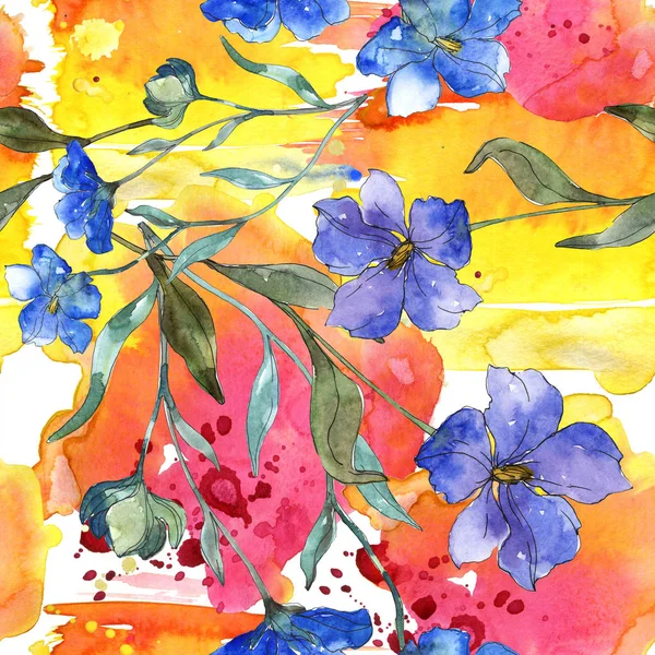 Fleur botanique florale de lin violet bleu. Feuille de printemps sauvage isolée. Ensemble d'illustration aquarelle. Aquarelle dessin mode aquarelle. Modèle de fond sans couture. Texture d'impression papier peint tissu . — Photo de stock