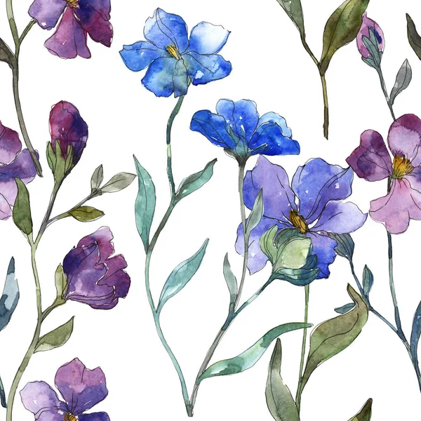 Blau lila Flachs Blumen botanische Blume. wildes Frühlingsblatt isoliert. Aquarell-Illustrationsset vorhanden. Aquarell zeichnen Mode-Aquarell. nahtlose Hintergrundmuster. Stoff Tapete drucken Textur. — Stockfoto