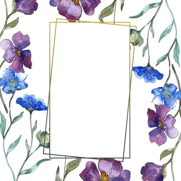 Blue purple flax floral botanical flower. Wild spring leaf wildflower isolated. Watercolor background illustration set. Watercolour drawing fashion aquarelle isolated. Frame border ornament square. — Stock Photo