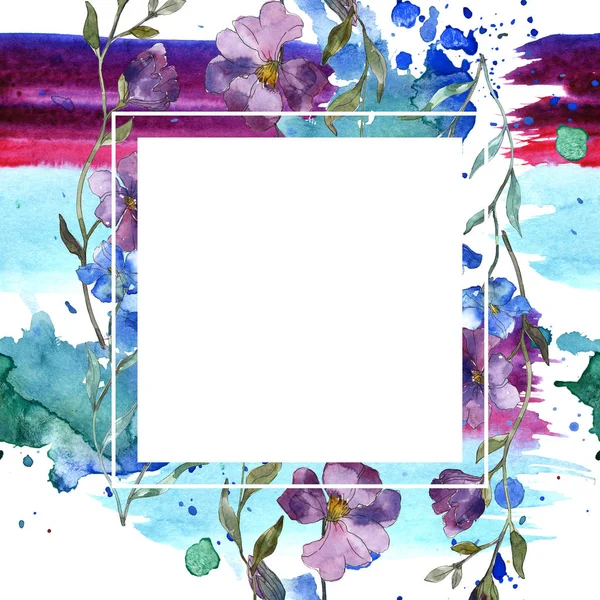 Blau lila Flachs Blumen botanische Blume. wildes Frühlingsblatt Wildblume isoliert. Aquarell Hintergrundillustration Set. Aquarellzeichnung Modeaquarell isoliert. Rahmen Rand Ornament Quadrat. — Stockfoto