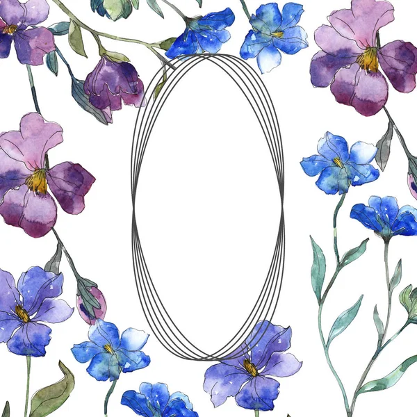 Blue purple flax floral botanical flower. Wild spring leaf wildflower isolated. Watercolor background illustration set. Watercolour drawing fashion aquarelle isolated. Frame border ornament square. — Stock Photo