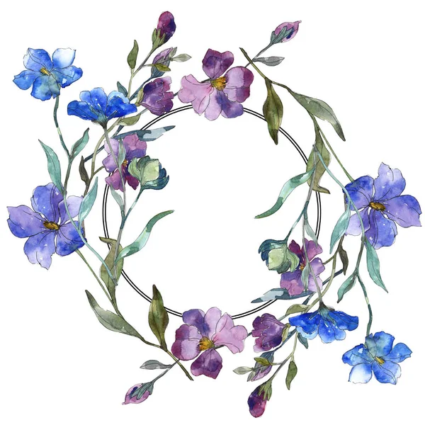 Blue purple flax floral botanical flower. Wild spring leaf wildflower isolated. Watercolor background illustration set. Watercolour drawing fashion aquarelle isolated. Frame border ornament square. — Stock Photo