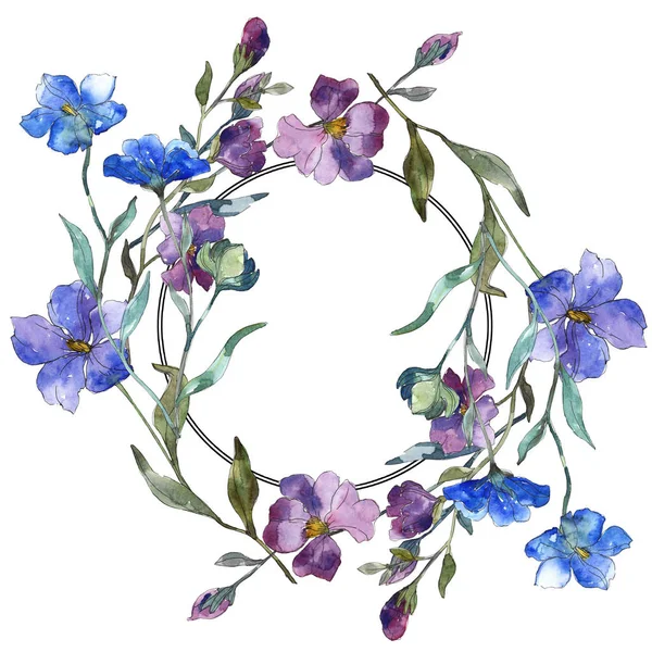 Flor botánica floral de lino azul púrpura. Flor silvestre de hoja de primavera aislada. Conjunto de ilustración de fondo acuarela. Acuarela dibujo moda acuarela aislado. Marco borde ornamento cuadrado . - foto de stock