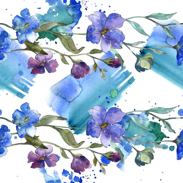 Azul linho roxo flor botânica floral. Folha de primavera selvagem isolada. Conjunto de ilustrações aquarela. Aquarelle desenho aquarelle moda. Padrão de fundo sem costura. Tecido papel de parede impressão textura . — Fotografia de Stock