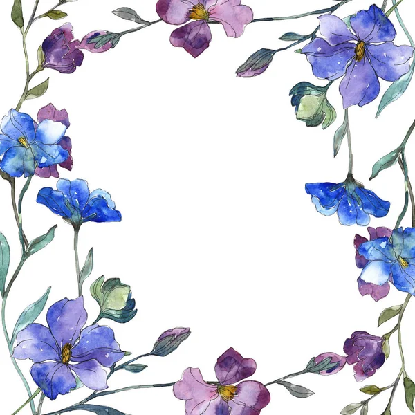 Fleur botanique florale de lin violet bleu. Feuille sauvage de printemps fleur sauvage isolée. Ensemble d'illustration de fond aquarelle. Aquarelle dessin mode aquarelle isolé. Cadre bordure ornement carré . — Photo de stock