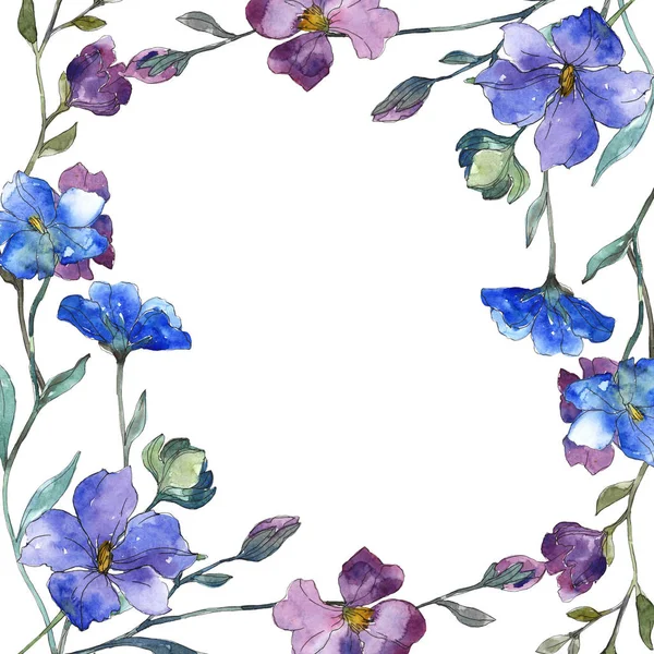 Fiore botanico floreale di lino viola blu. Fiore selvatico primaverile isolato. Acquerello sfondo illustrazione set. Acquerello disegno moda acquerello isolato. Quadrato ornamento bordo cornice . — Foto stock